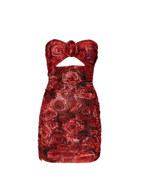 3D Rose Appliqué Mini Dress — Red