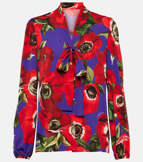 Tie-neck floral silk-blend blouse