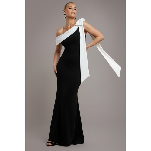 Goddiva One Shoulder Contrast Bow Maxi Dress - Black Crea