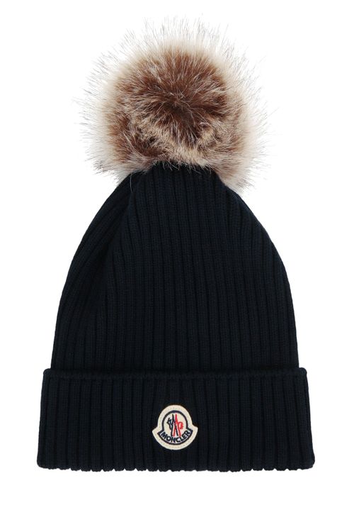 HAT Fur-Pompom Ribbed Beanie — Navy