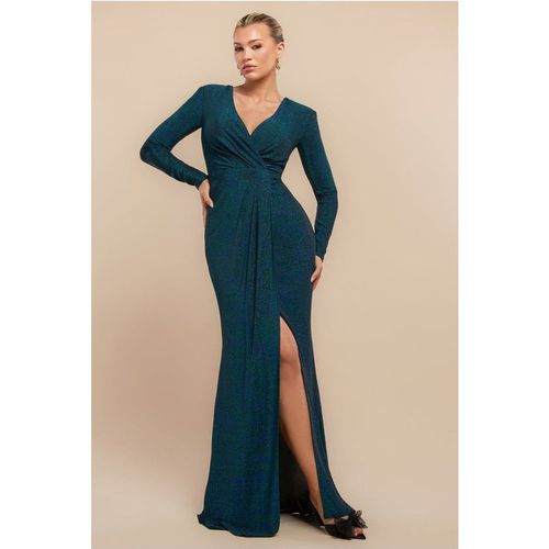 Goddiva Front Wrap Lurex Bodycon Maxi Dress - Emerald Green
