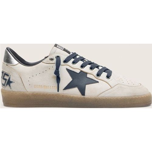 Golden Goose - Men’s Ball Star In White Leather With Dark Blue Leather Star And Silver Laminated Leather Heel Tab, Man