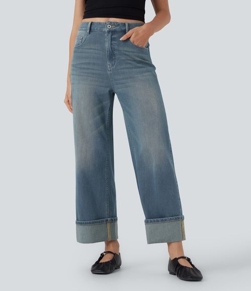 Flex™ High Waisted Pockets Rolled Hem Wide Leg Washed Casual Jeans  - Blue Surf Denim