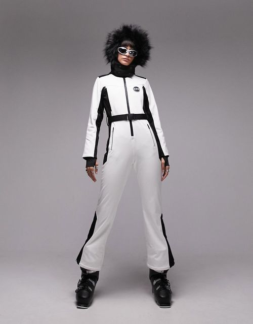 Sno ski suit with fur hood & belt in white