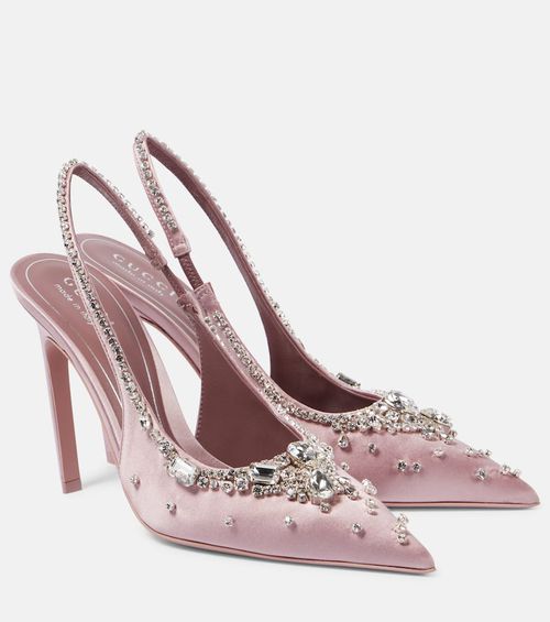 Crystal-embellished satin slingback pumps