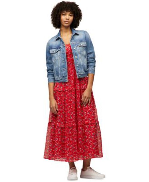 Womens Logo Back Denim Trucker Jacket Smocked Floral Maxi Dress