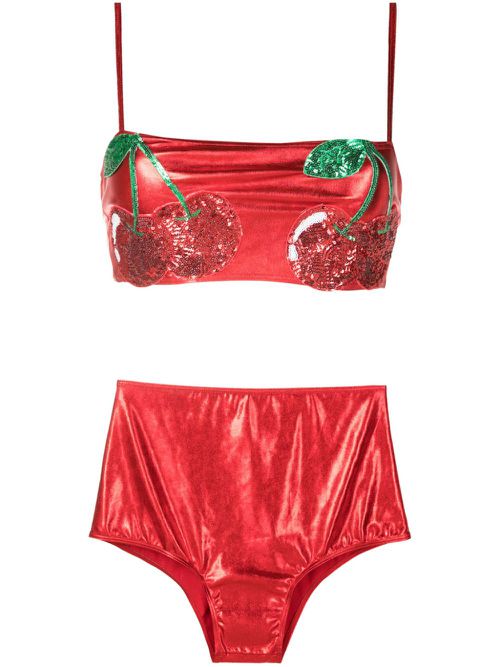 Sequin-embellished metallic bikini - Red