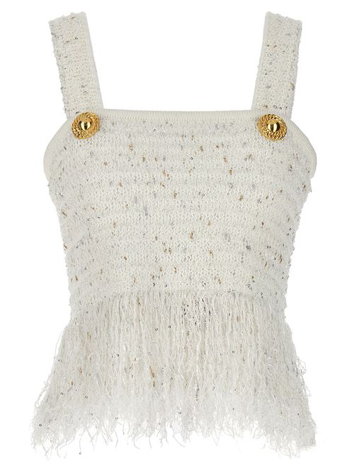 -Fringed Tweed Top Bianco-Donna