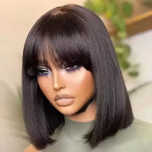 Brazilian Human Hair Bob Wig with Bangs, Straight, 8-14 Inche