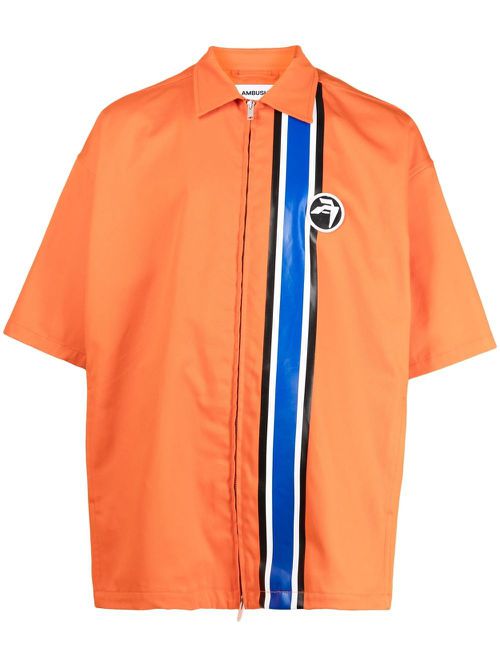 Striped zipped short-sleeve shirt - Orange