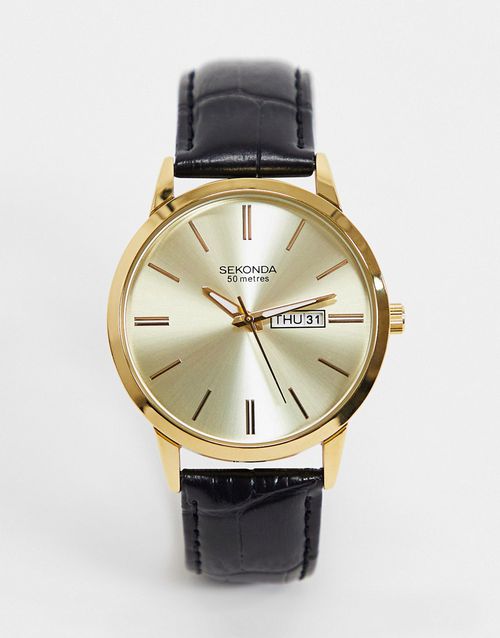 Leather watch in black with gold case and dial