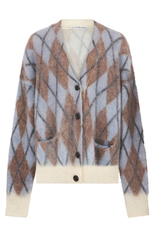 Diamond-Pattern Mohair Blend Cardigan — Blue