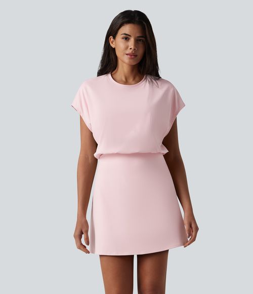 SoftlyZero™ Airy Round Neck Short Sleeve 2-in-1 Cool Touch Mini Yoga Active Dress with Pockets-Easy Peezy Edition Workout Dress - Primrose Pink