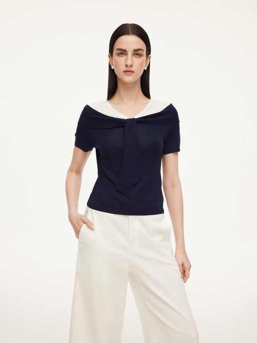 [Preview] Tencel Blend Color Block Tie Front Women Knit Top