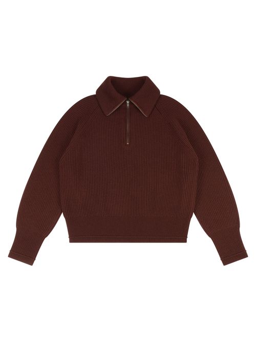 Fold-Over Collar Wool Sweater with Half Front Button Closure