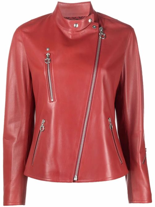 Nappa Leather High-Neck Jacket — Red