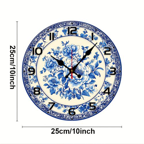 TEMU 10- And White Floral Round Wall Clock - Silent, Wood Veneer, European & , Batteries Not Included, Home, Office, Or Study Decor, Ideal Gift For