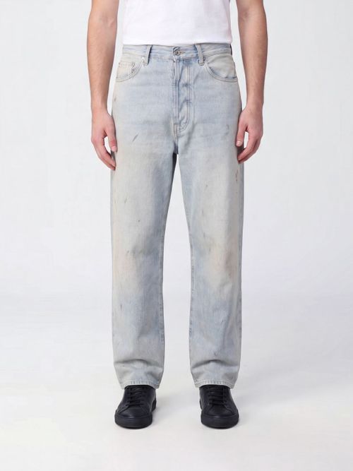 Wide Leg Cotton Denim Jeans with Distressed Effect and Mid-Rise Waist