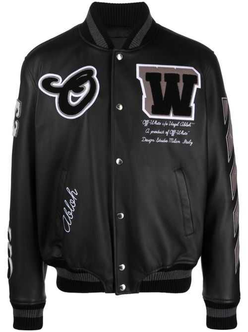 Logo-embroidered leather varsity jacket - Black