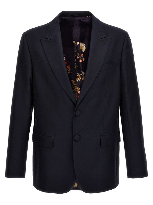-Single-Breasted Jacquard Blazer Blu-Uomo