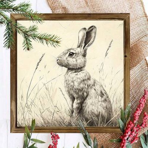 1 Piece Vintage Rabbit Sketch Art Wooden Frame Sign - Country Style Easter Bunny Wall Decoration, Matte Surface, Wall Hanging, No Electricity Or Batte