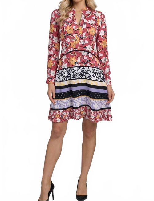 Floral Print Long Sleeve Split V-Neck Dress In Pink