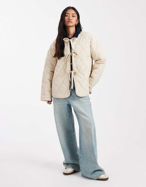Tie front quilted jacket in oatmeal-Neutral