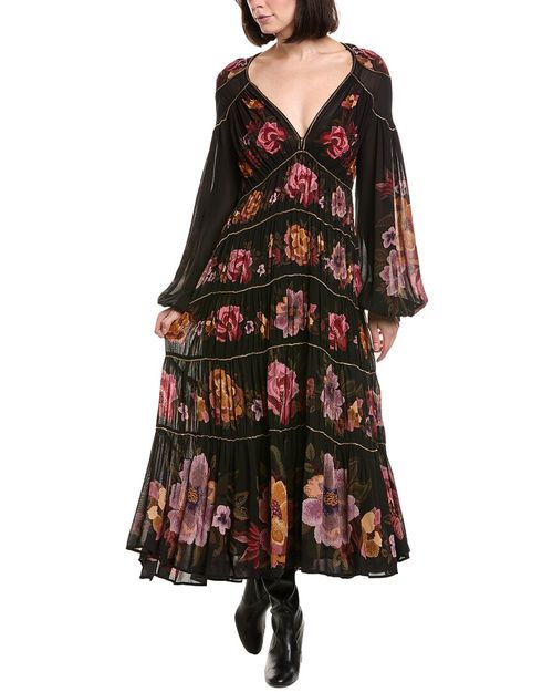 Chenille Flowers Black Long Sleeve Midi Dress