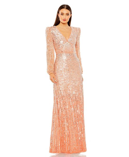 맥 두갈 여성 Women's V Neck Empire Waist Puff Shoulder Sequin Embellished Gown - Peach