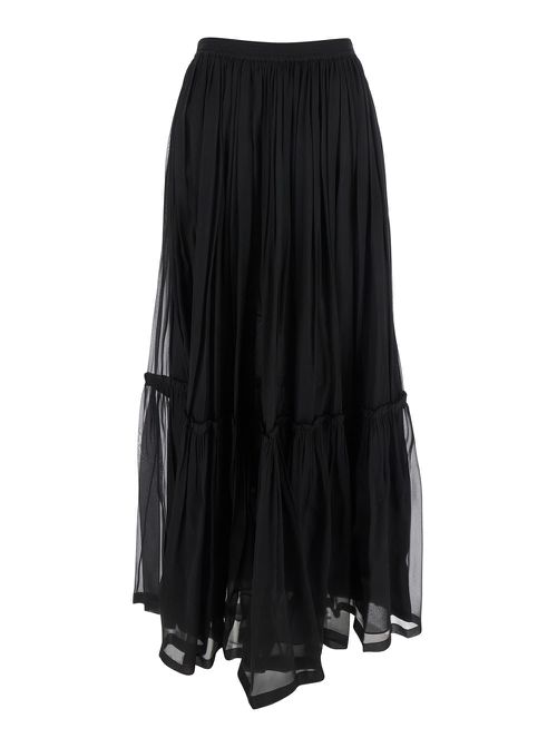 Black Semi-transparent Skirt With All-over Ruche In Silk Woman