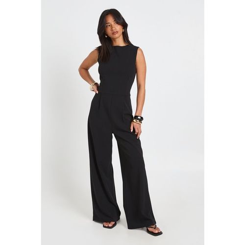 Boohoo Womens Petite Tailored High Neck Cinched Waist Wide Leg Jumpsuit - Black