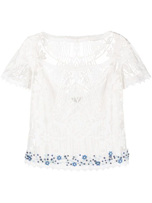 Square-neck lace-embroidery blouse - White