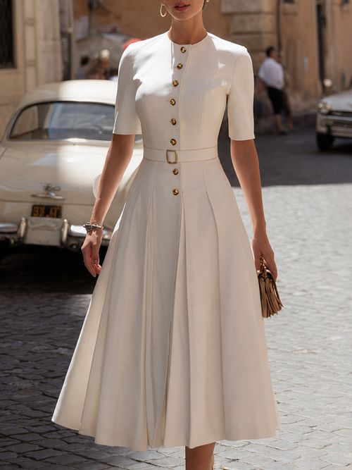 Vintage-Inspired Crepe Midi Dress With Button Front & Belted Waist - White