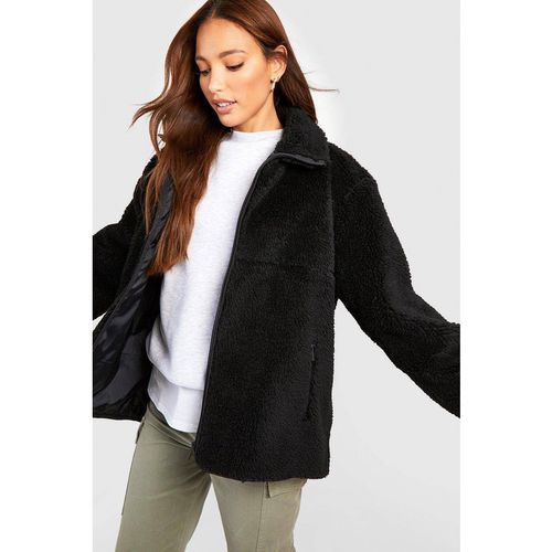 Womens Tall Zip Detail Oversized Faux Fur Teddy Jacket - Black - 8, Black