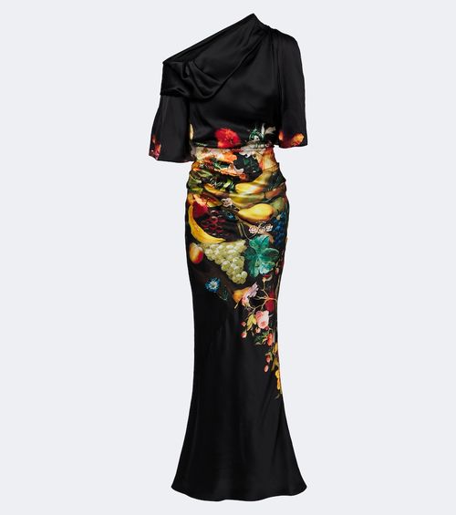 Draped printed silk satin gown