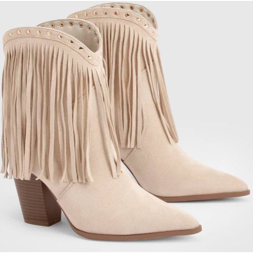 Boohoo Women's Faux Suede Fringe & Stud Detail Ankle Western Boots in Beige