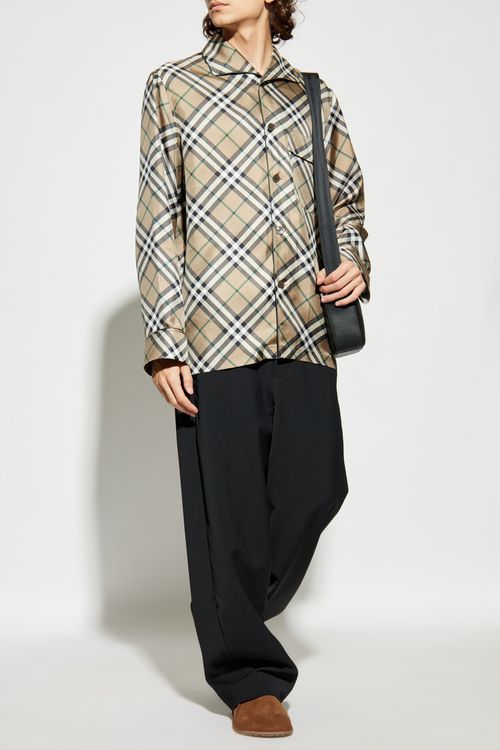 Silk Shirt With Check Pattern, Men's, Beige