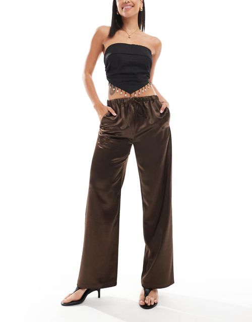 Satin straight leg tie waist pants in brown