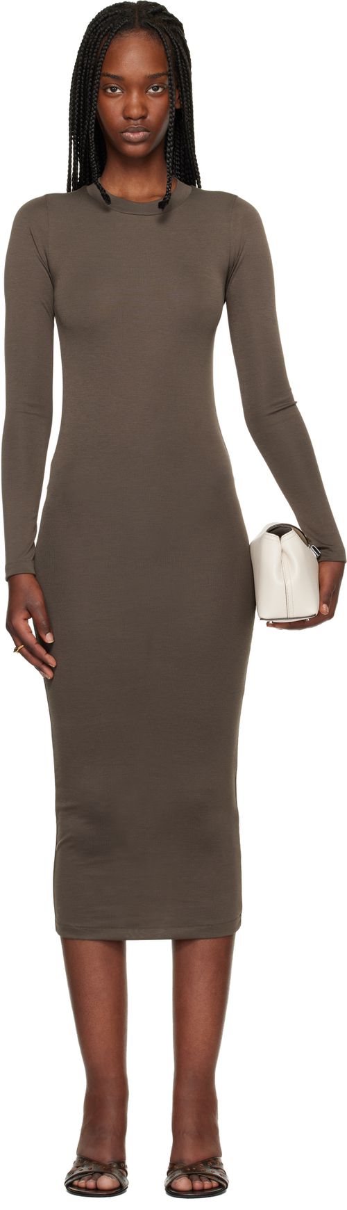 Brown Fitted Long Sleeve Maxi Dress