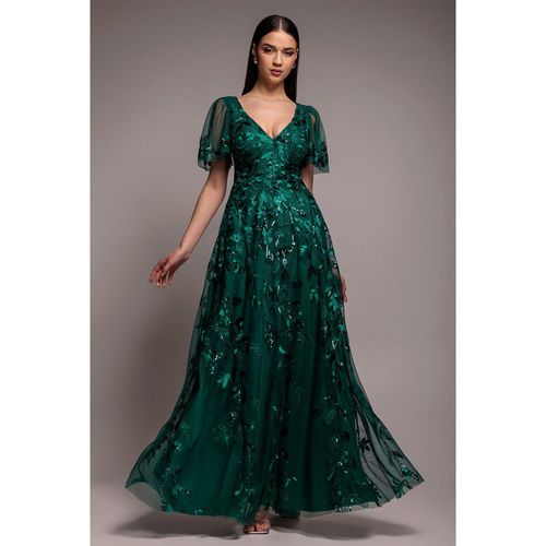Goddiva Flared Sleeve Embroidered Maxi Dress - Emerald Green