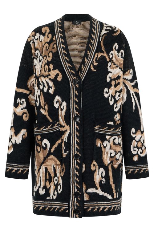 Floral Graphic Wool Cardigan with V-Neck