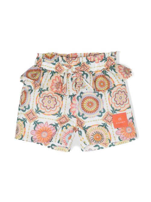 Tile-print ruffled shorts - White