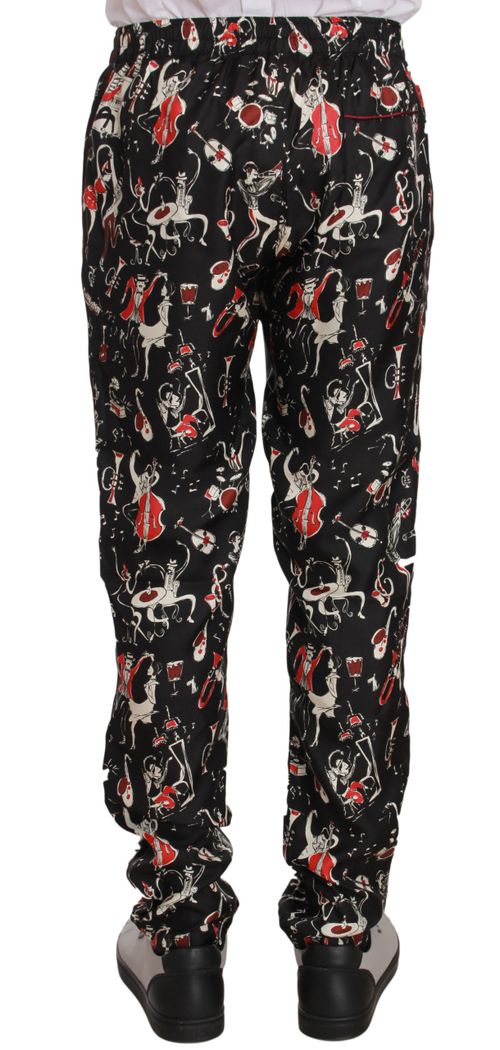 Musical Instrument Print Silk Trousers — Black