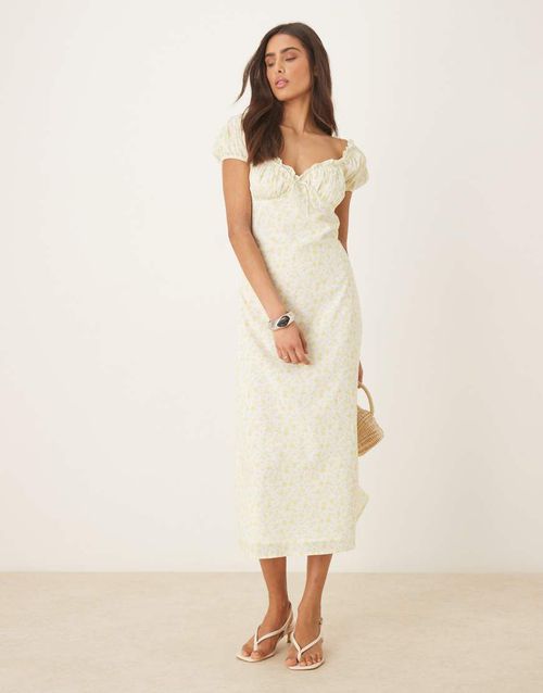 Daphne milkmaid midi dress in lemon ditsy-Yellow