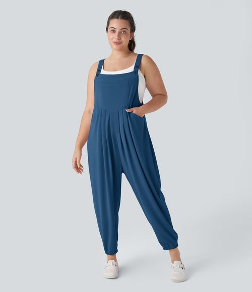 Pockets Waffle Casual Plus Size Jogger Overalls  - Dark Blue
