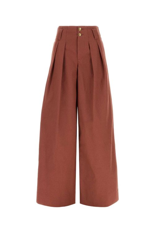 Pleated Wide-Leg Cotton Trousers — Red