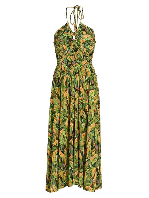 Women's Parrot-Print Ruched Midi Dress - Green