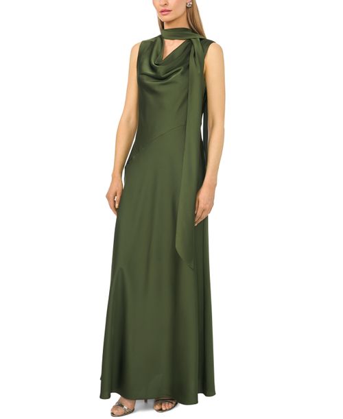 Women's Sleeveless Cowl Neck Scarf-Tie Maxi Dress - Midnight Sage