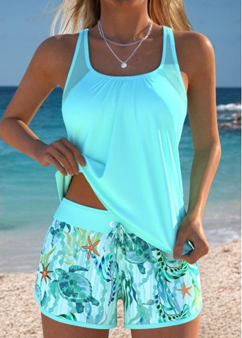 Modlily Tummy Coverage Light Purple Marine Life Print Tankini Set