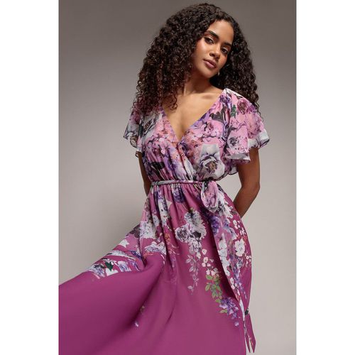 Goddiva Flutter Sleeve A-Line Chiffon Floral Printed Midi Dress - Magenta